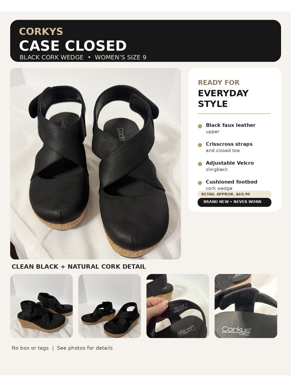 Corkys Case Closed Black Cork Wedge Women's Size 9